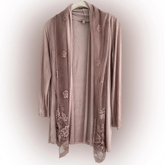 MADE IN ITALY Dusty Mauve Washed/Faded Cardigan with Lace Floral Overlay Size  L - Picture 1 of 9
